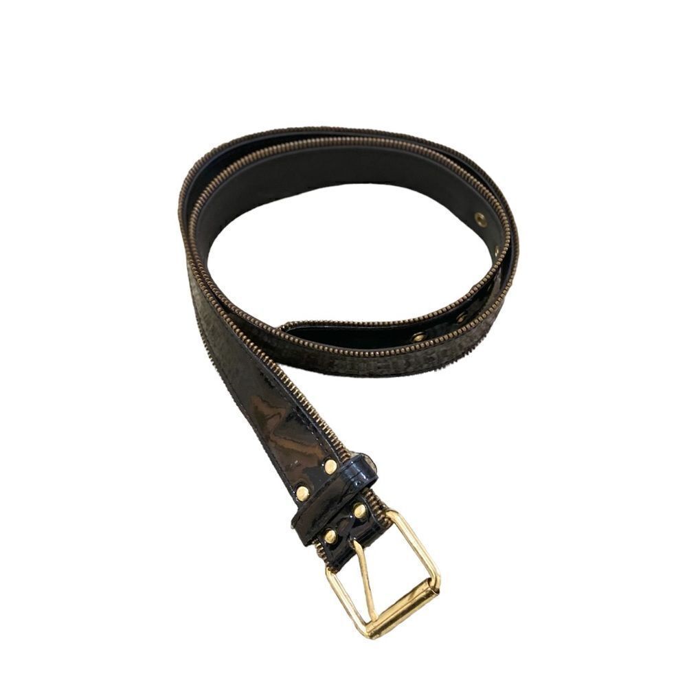 Vtg 90’s vegan black patent leather zipper edge belt gold tone buckle medium